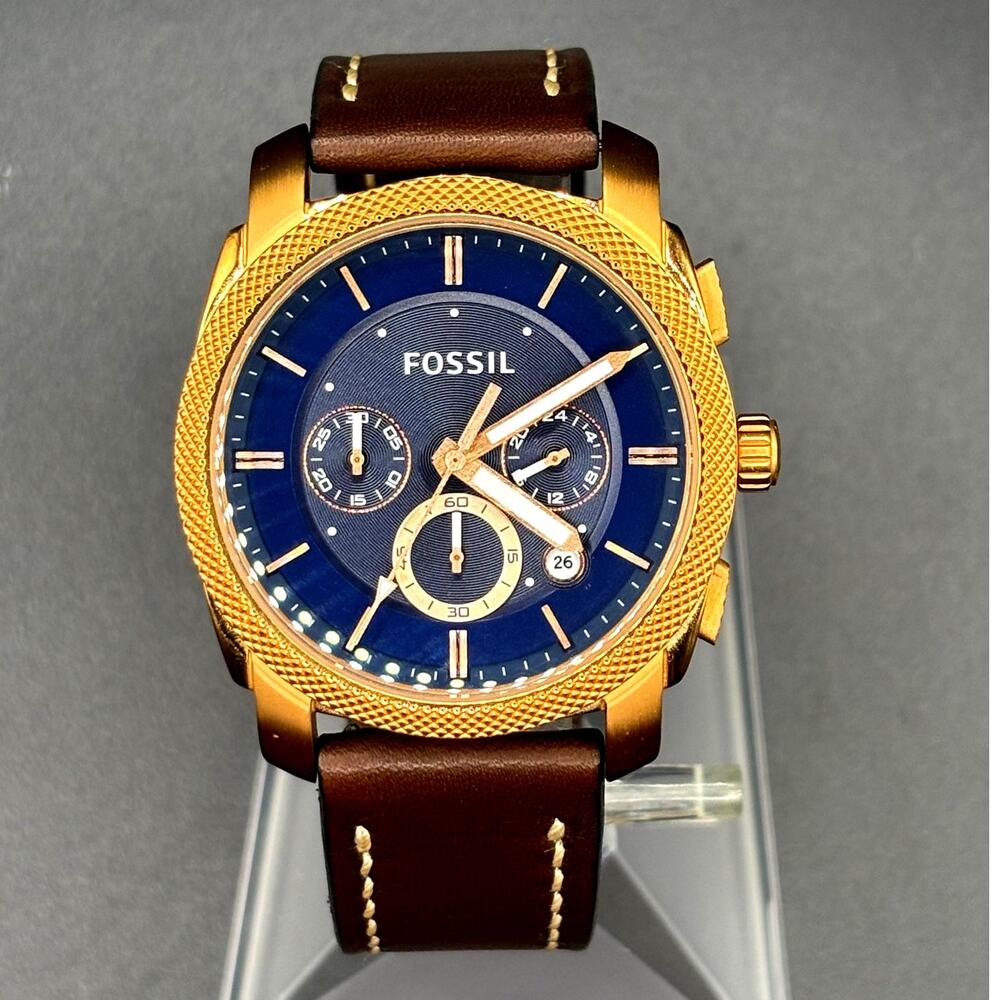 Fossil FS5073 Machine Chronograph Rose Gold Blue Dial Leather Men's Watch 42mm